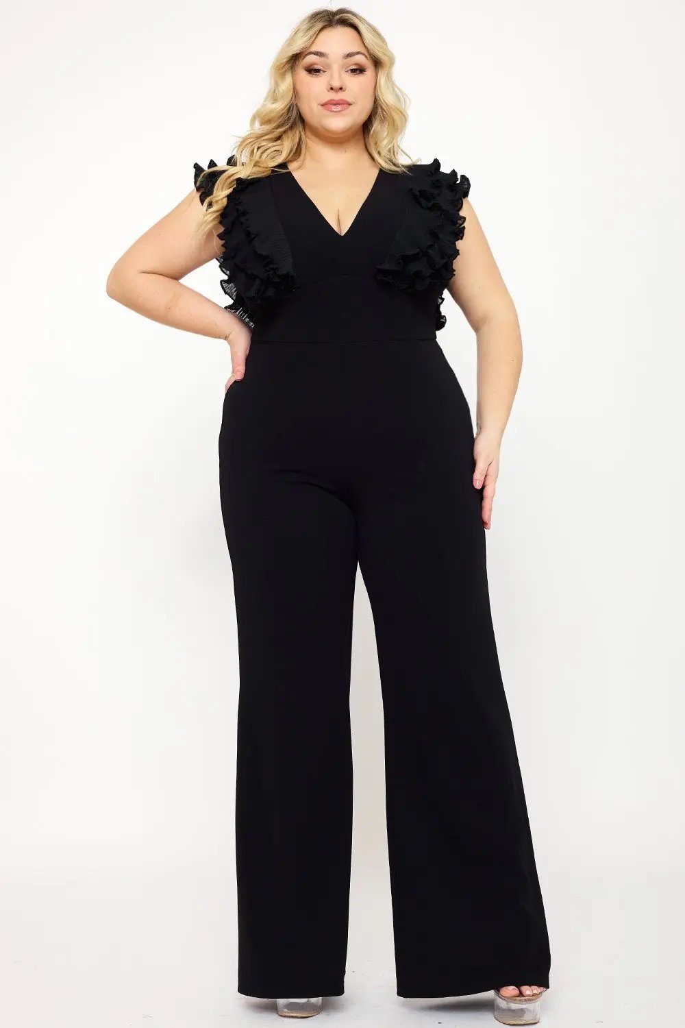 Plus Size Jumpsuit - Ruffle Sleeve Techno Crepe With Deep V Neck BOUTINIE