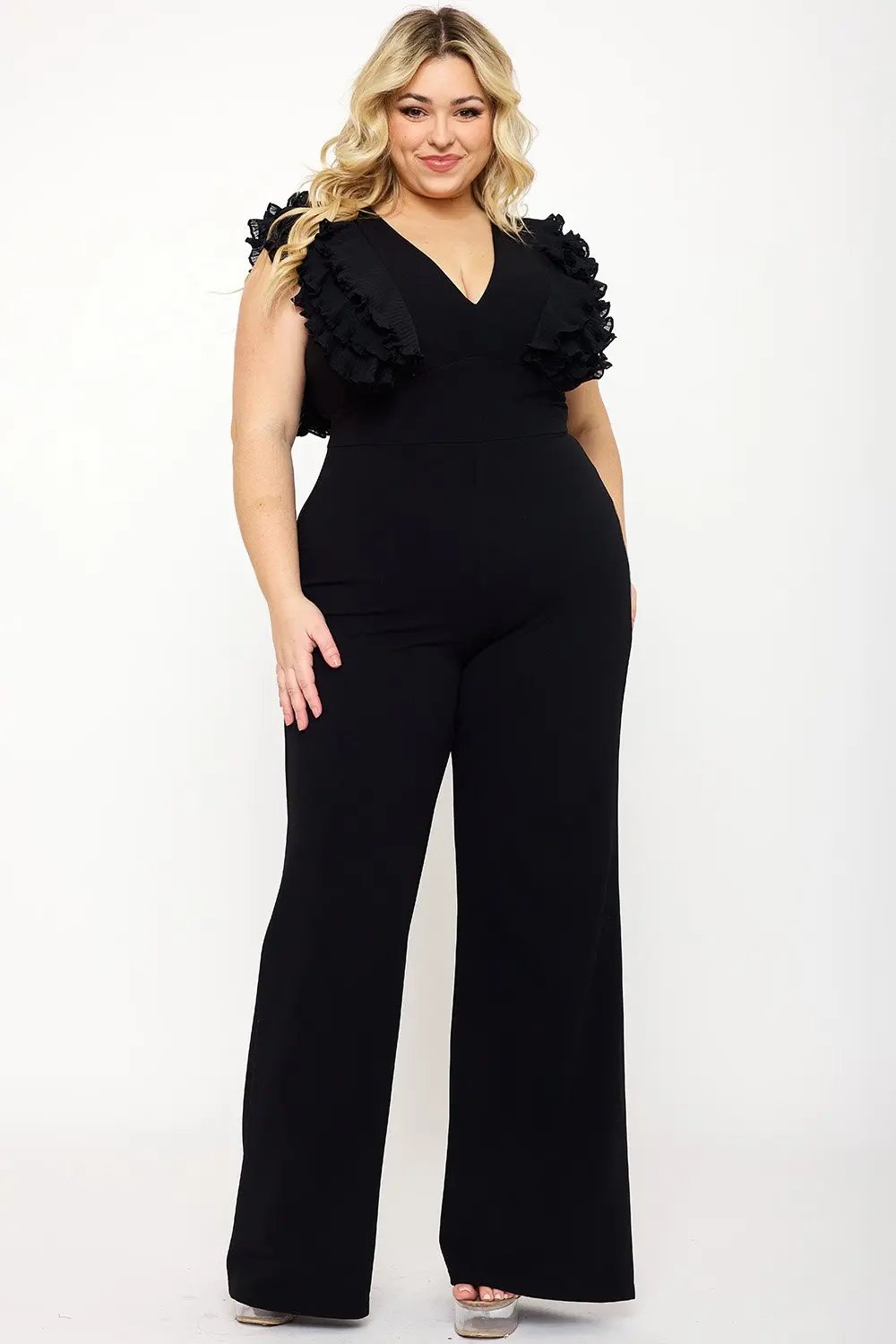 Plus Size Jumpsuit - Ruffle Sleeve Techno Crepe With Deep V Neck BOUTINIE