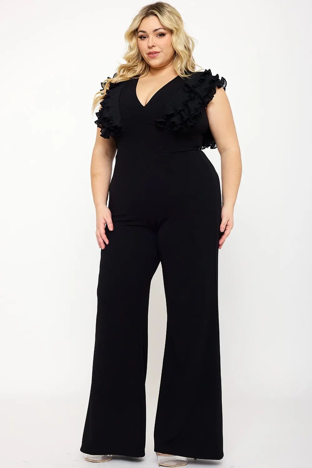 Plus Size Jumpsuit - Ruffle Sleeve Techno Crepe With Deep V Neck BOUTINIE