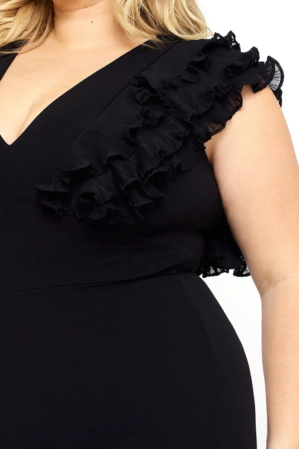 Plus Size Jumpsuit - Ruffle Sleeve Techno Crepe With Deep V Neck BOUTINIE