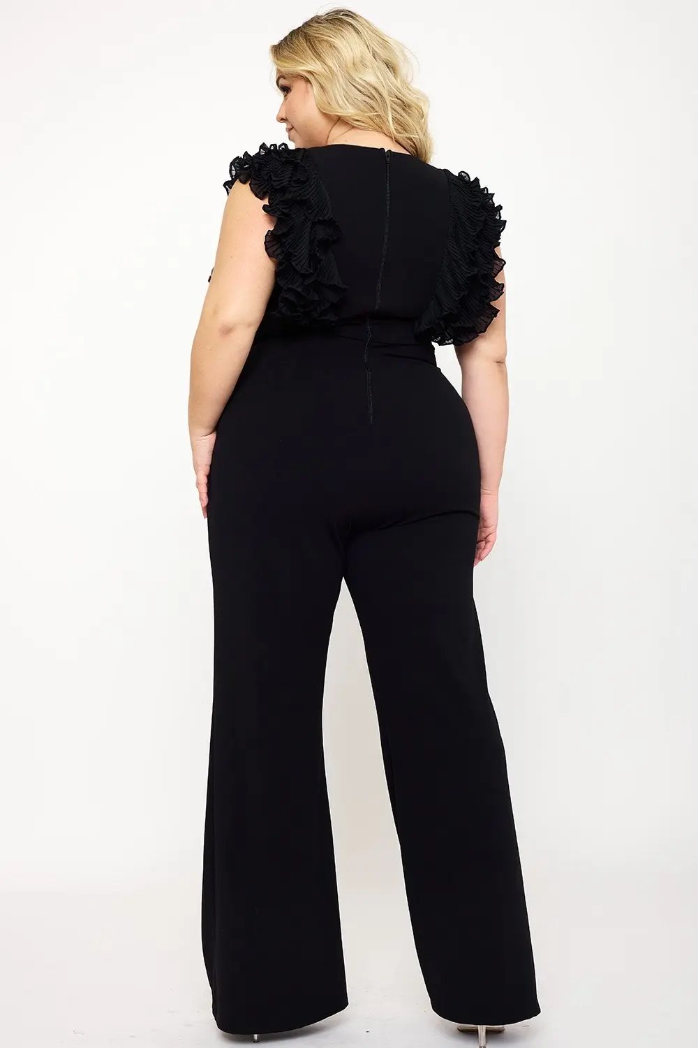 Plus Size Jumpsuit - Ruffle Sleeve Techno Crepe With Deep V Neck BOUTINIE