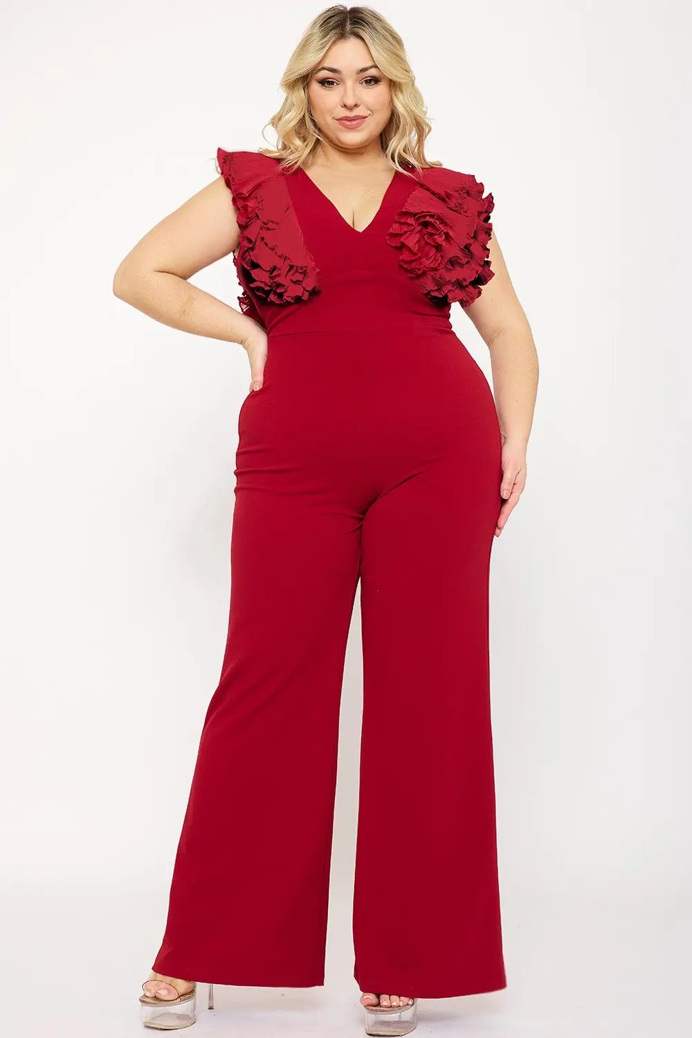 Plus Size Jumpsuit - Ruffle Sleeve Techno Crepe With Deep V Neck BOUTINIE