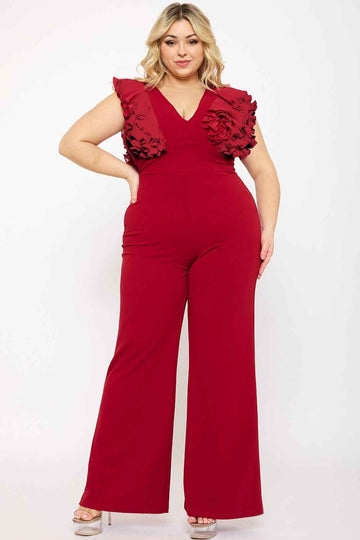 [open Packs] Ruffle Sleeve Techno Crepe Plus Size Jumpsuit