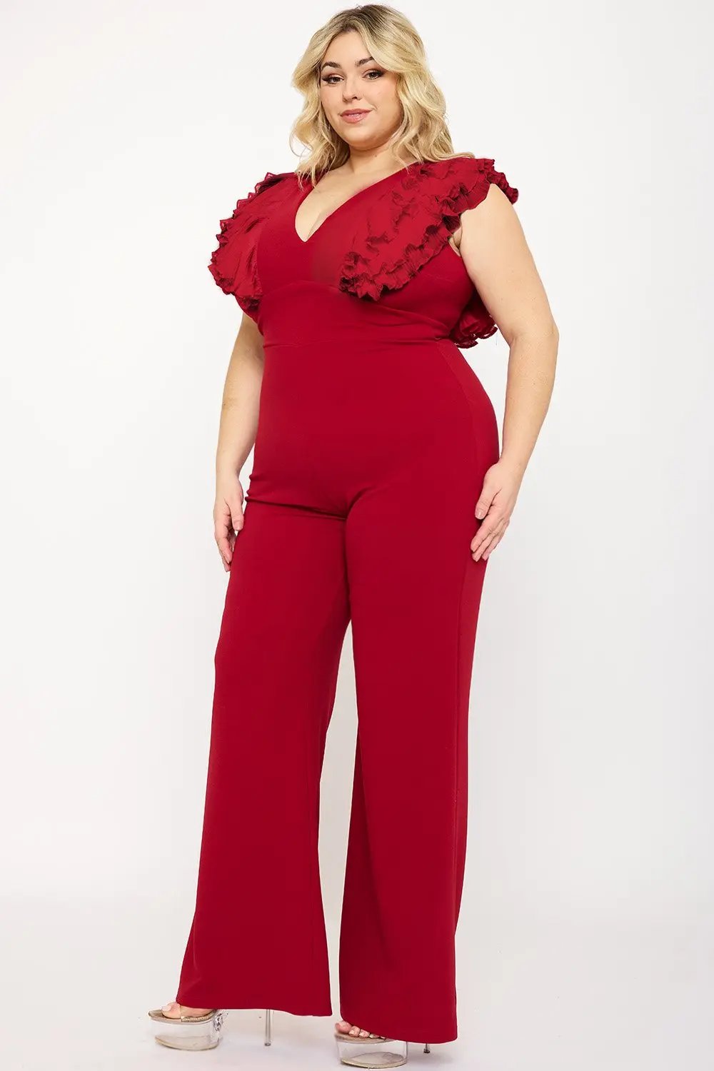 Plus Size Jumpsuit - Ruffle Sleeve Techno Crepe With Deep V Neck BOUTINIE