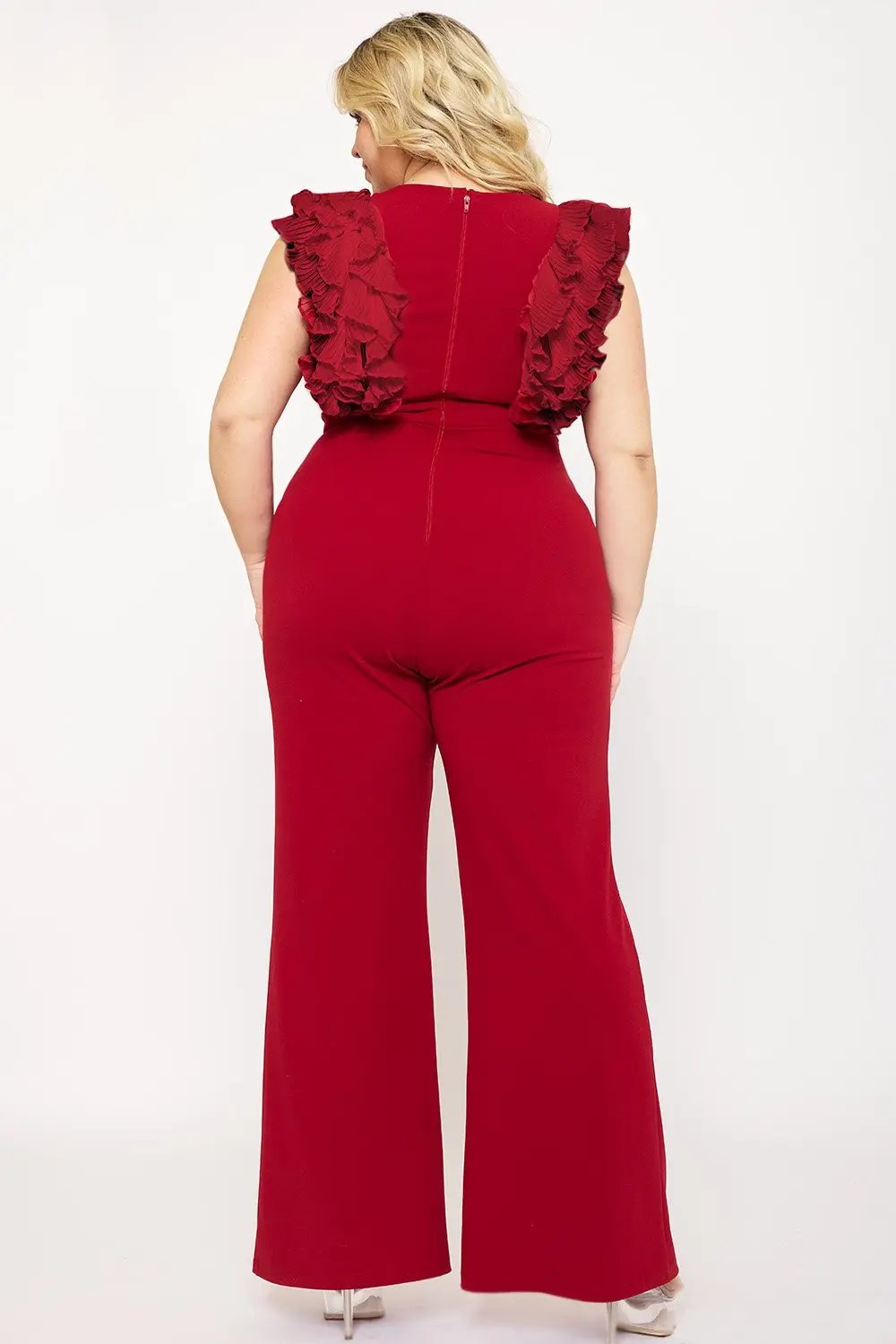 Plus Size Jumpsuit - Ruffle Sleeve Techno Crepe With Deep V Neck BOUTINIE