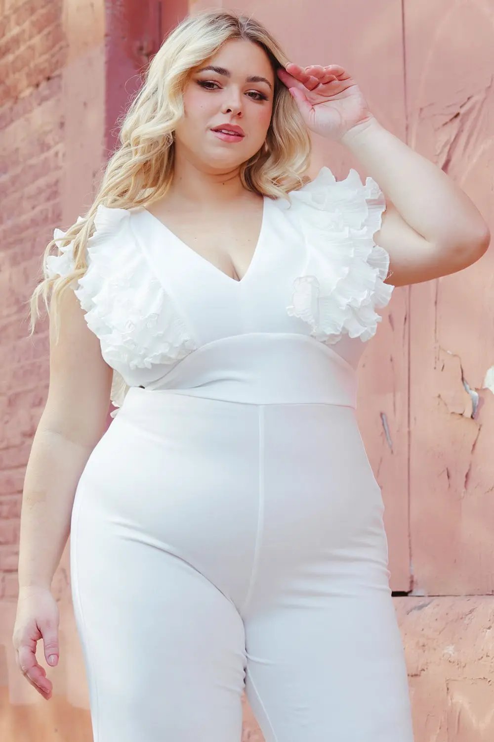 Plus Size Jumpsuit - Ruffle Sleeve Techno Crepe With Deep V Neck BOUTINIE