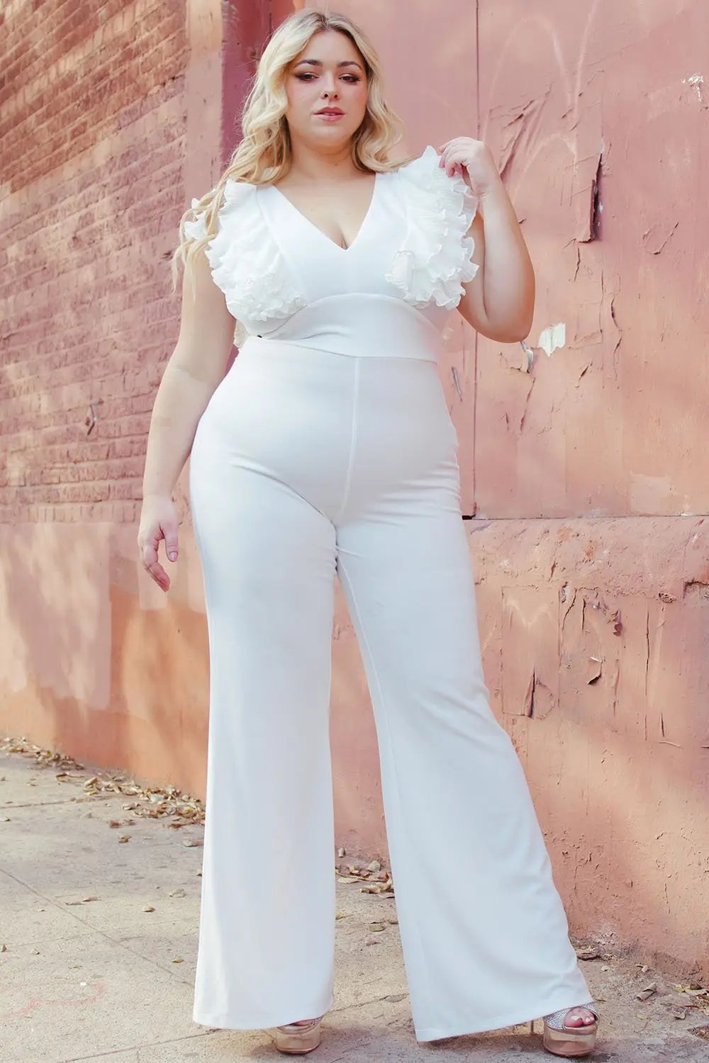 Plus Size Jumpsuit - Ruffle Sleeve Techno Crepe With Deep V Neck BOUTINIE