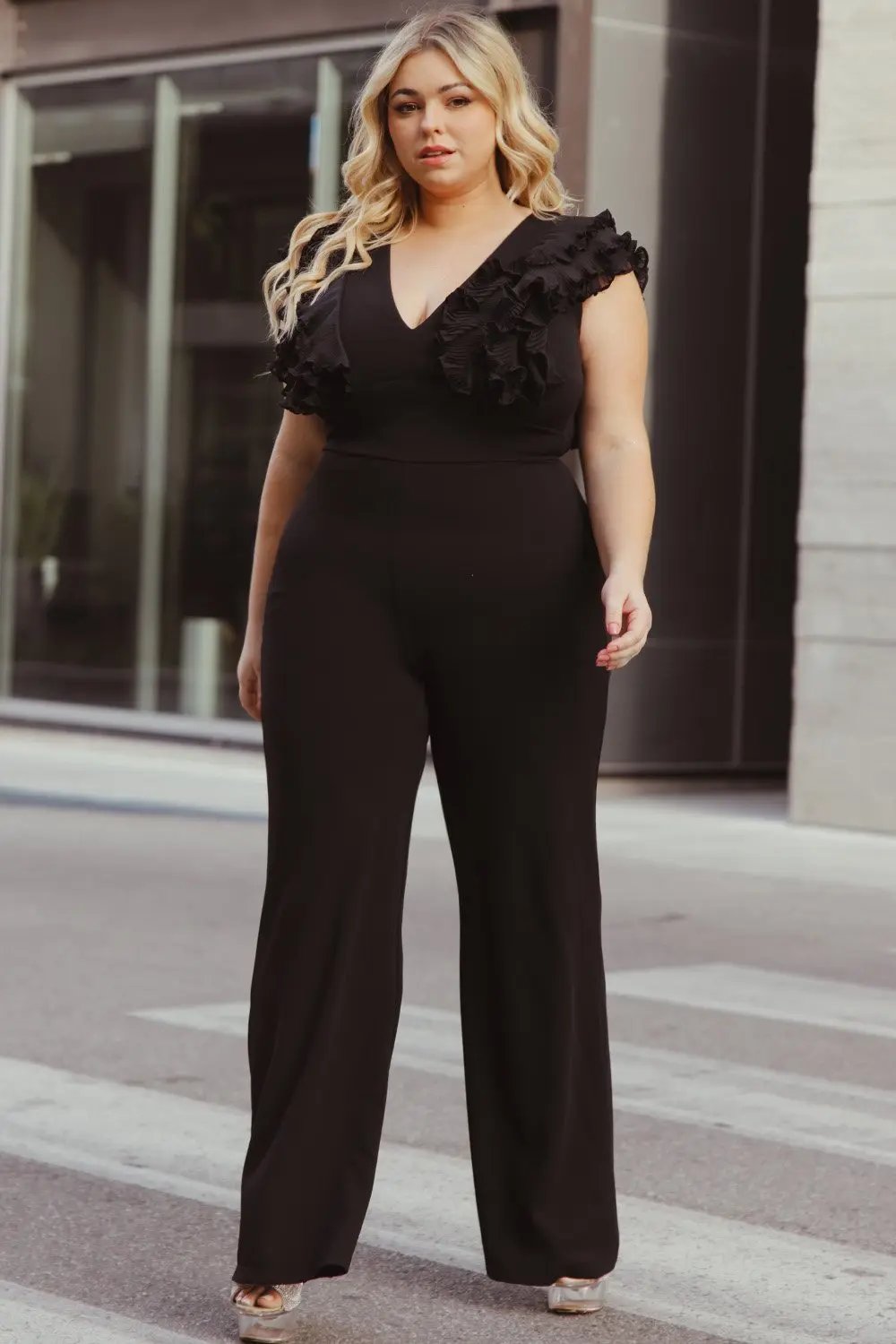 Plus Size Jumpsuit - Ruffle Sleeve Techno Crepe With Deep V Neck BOUTINIE