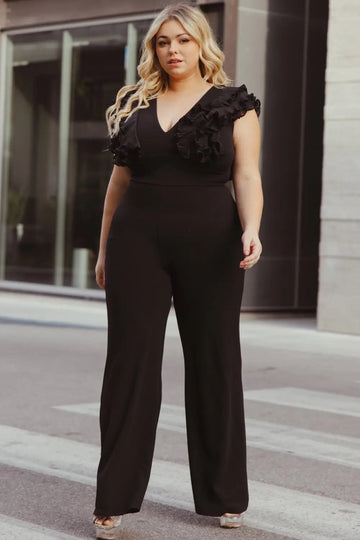 Plus Size Jumpsuit - Ruffle Sleeve Techno Crepe With Deep V Neck BOUTINIE