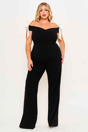 Fabric Contrast Off The Shoulder Plus Size Jumpsuit