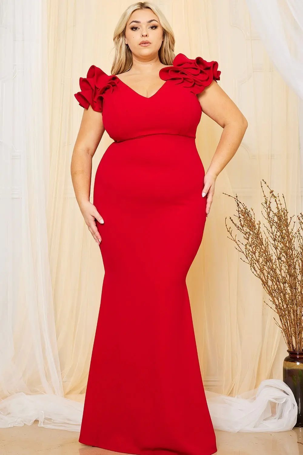 Plus Size Maxi Dress - Techno Crepe Mermaid Gown With Ruffle Detail BOUTINIE