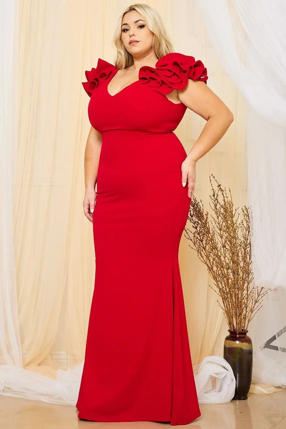 Plus Size Maxi Dress - Techno Crepe Mermaid Gown With Ruffle Detail BOUTINIE