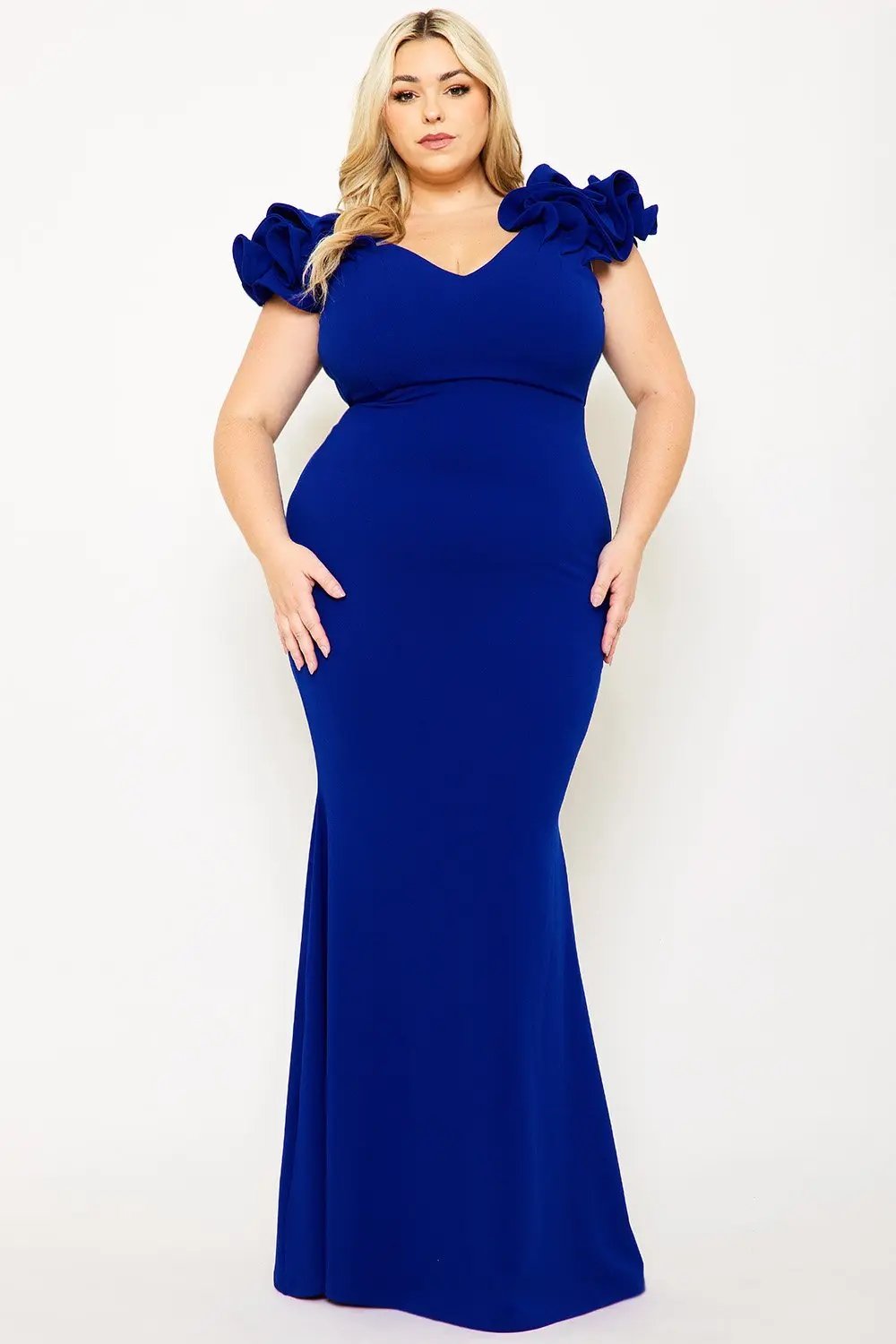 Plus Size Maxi Dress - Techno Crepe Mermaid Gown With Ruffle Detail BOUTINIE