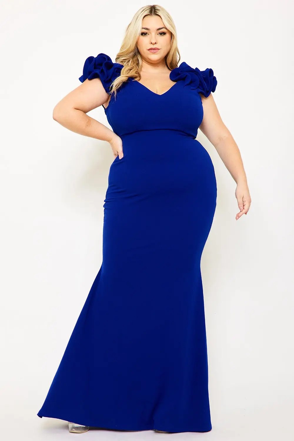 Plus Size Maxi Dress - Techno Crepe Mermaid Gown With Ruffle Detail BOUTINIE