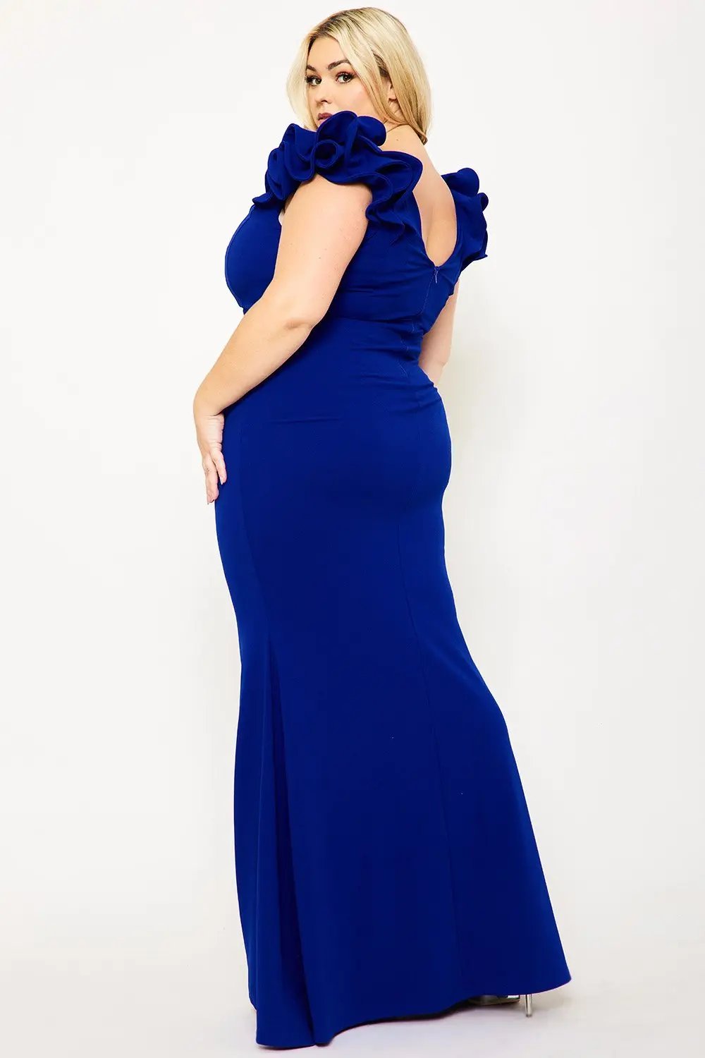 Plus Size Maxi Dress - Techno Crepe Mermaid Gown With Ruffle Detail BOUTINIE