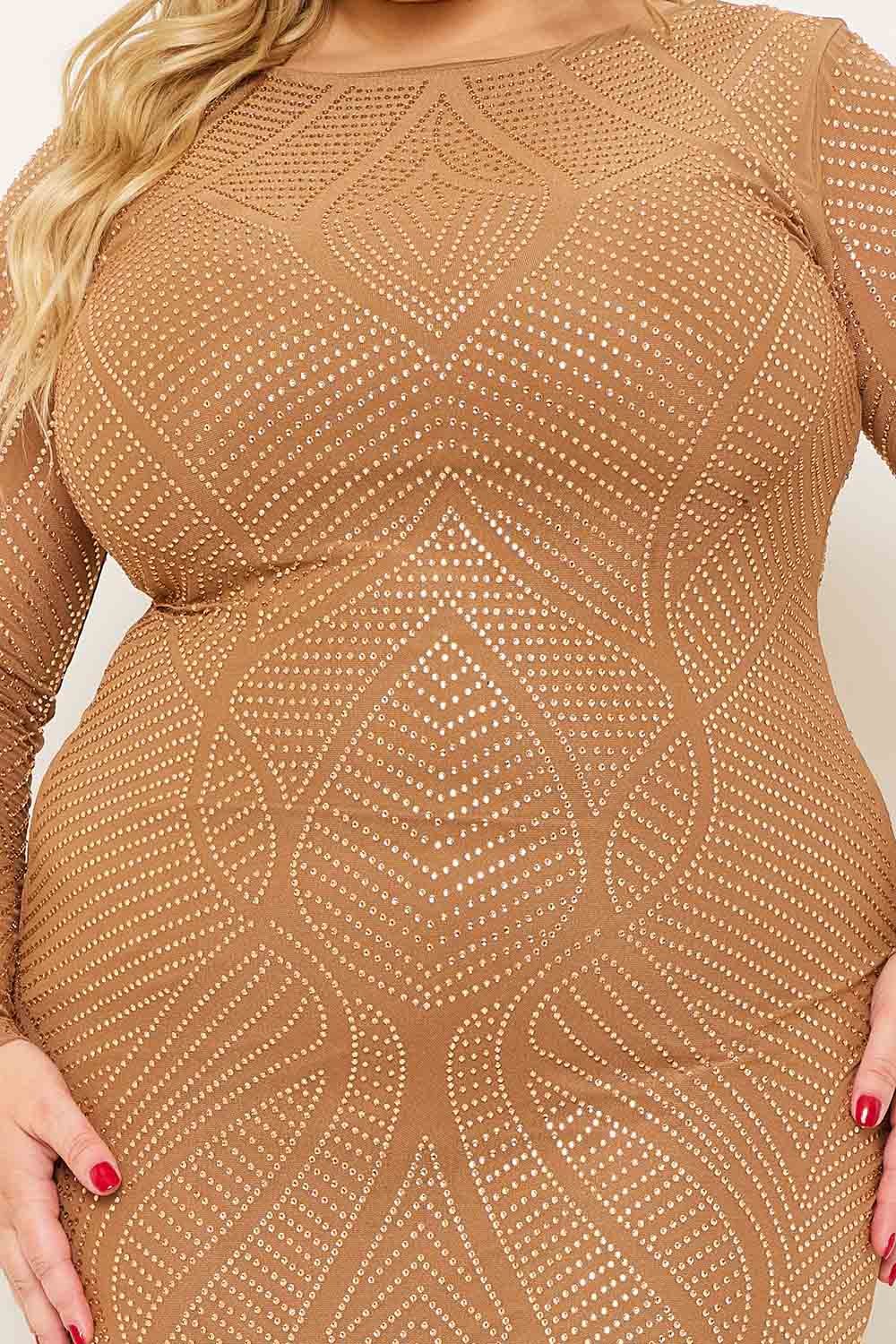 Plus Size Maxi Dress - Patterned Rhinestone Long Sleeve Slip On BOUTINIE