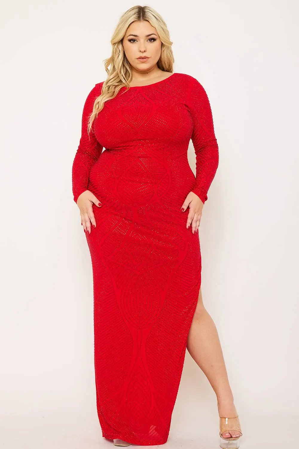 Plus Size Maxi Dress - Patterned Rhinestone Long Sleeve Slip On BOUTINIE