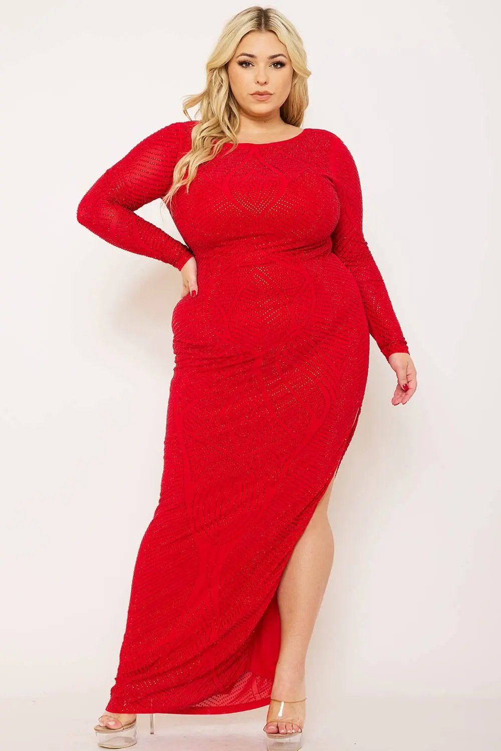 Plus Size Maxi Dress - Patterned Rhinestone Long Sleeve Slip On BOUTINIE