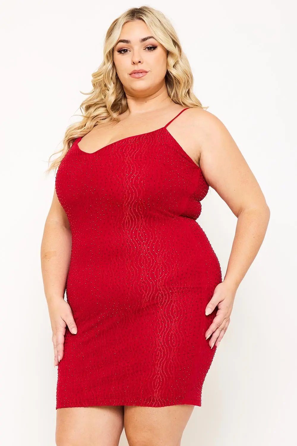 Plus Size Mini Dress - Rhinestone V Neck Bodycon Slip-On BOUTINIE