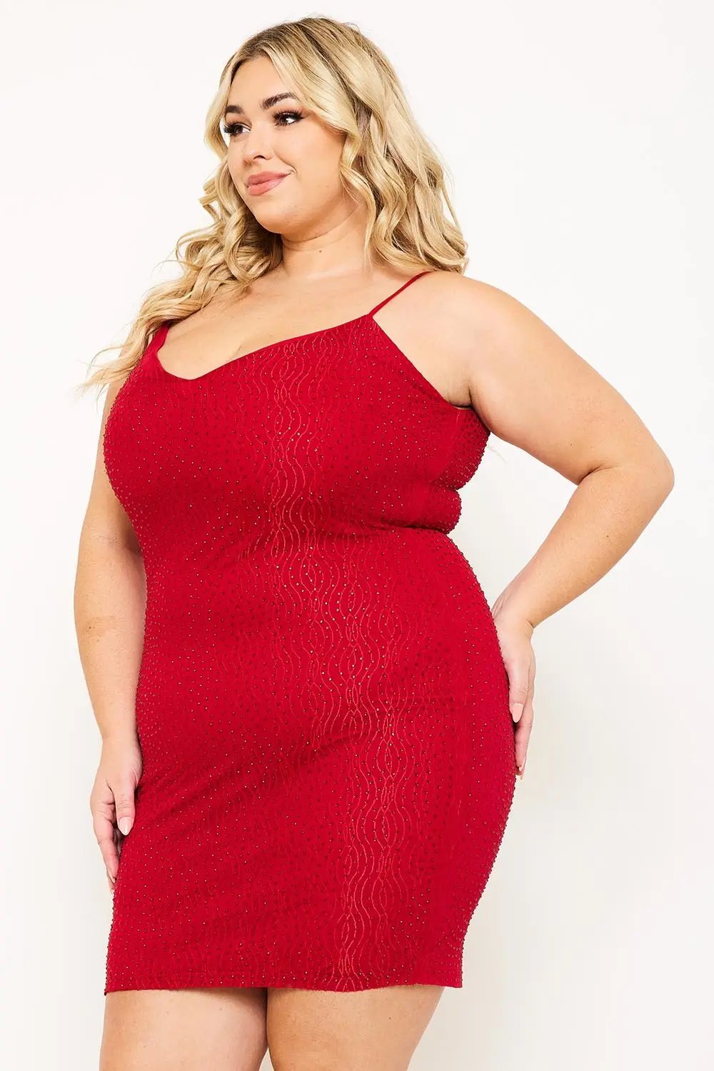 Plus Size Mini Dress - Rhinestone V Neck Bodycon Slip-On BOUTINIE