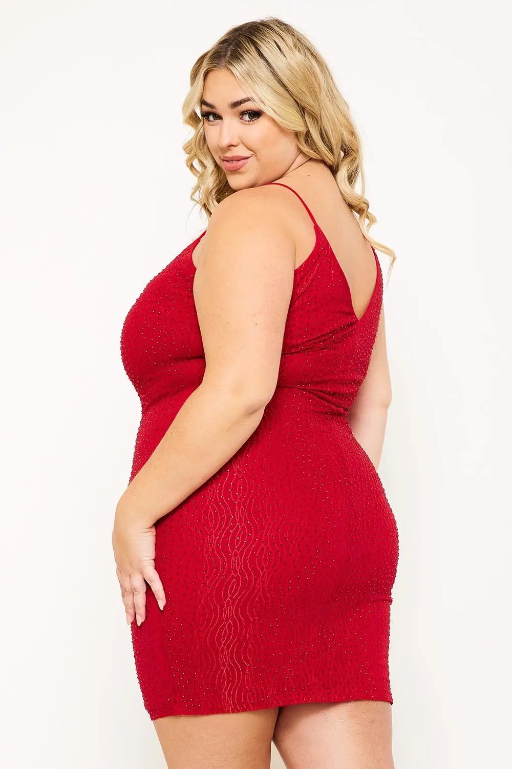 Plus Size Mini Dress - Rhinestone V Neck Bodycon Slip-On BOUTINIE