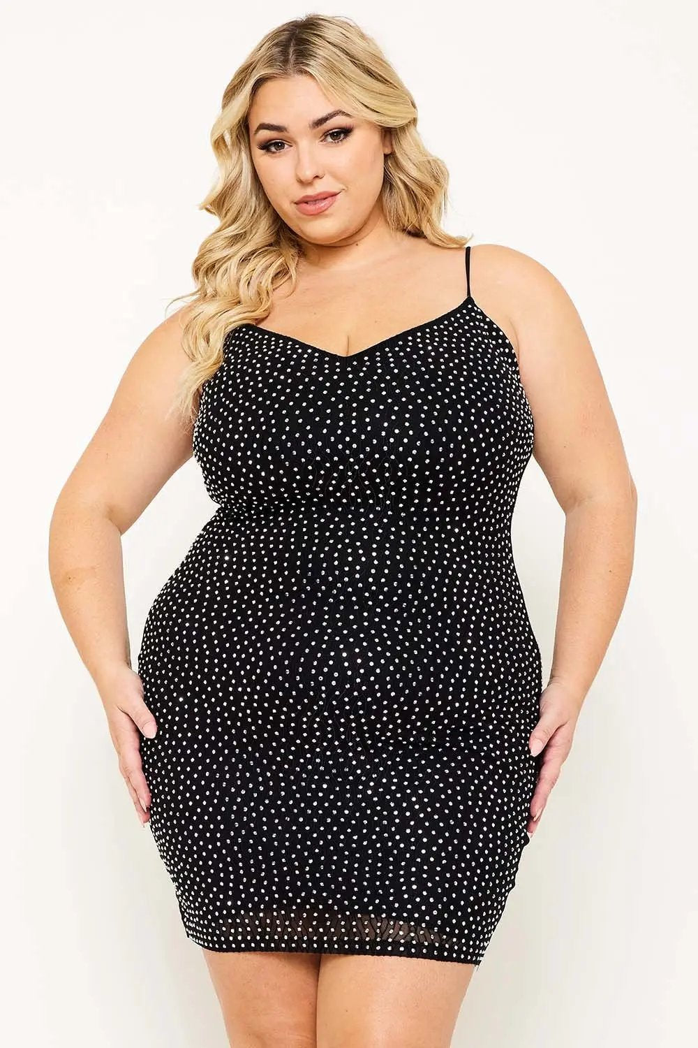 Plus Size Mini Dress - Rhinestone V Neck Bodycon Slip-On BOUTINIE