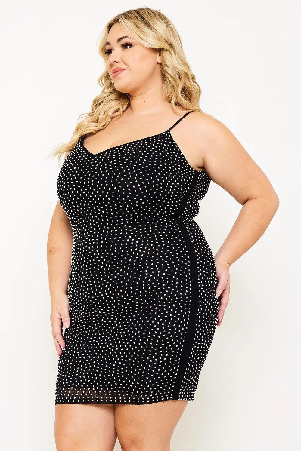 Plus Size Mini Dress - Rhinestone V Neck Bodycon Slip-On BOUTINIE