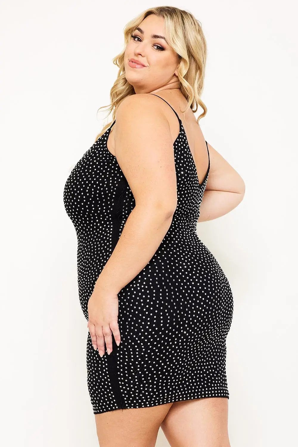 Plus Size Mini Dress - Rhinestone V Neck Bodycon Slip-On BOUTINIE