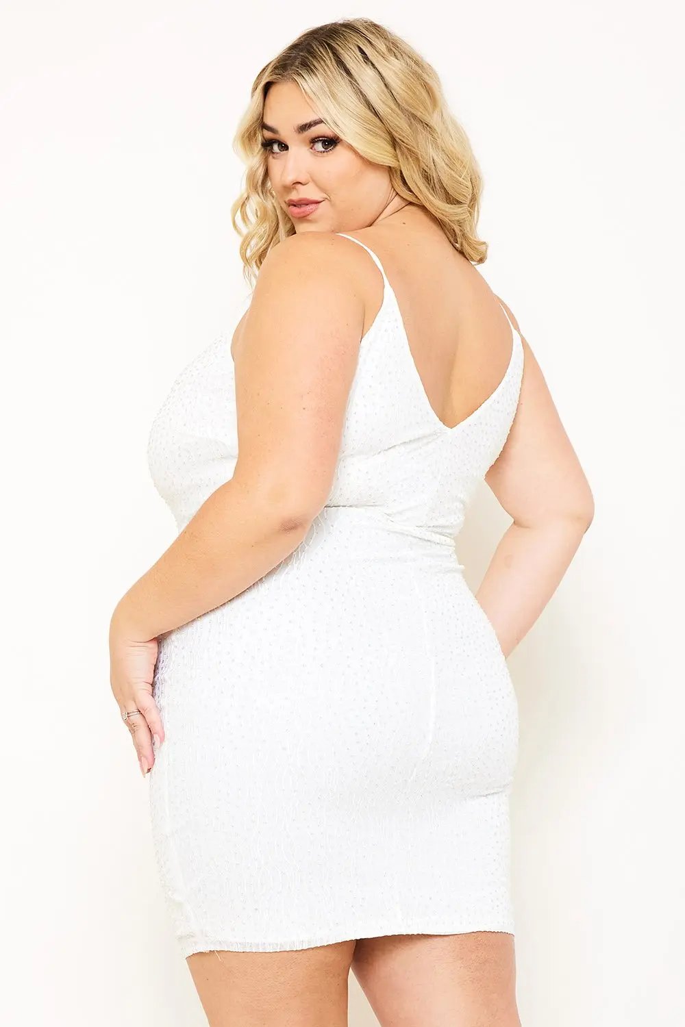 Plus Size Mini Dress - Rhinestone V Neck Bodycon Slip-On BOUTINIE