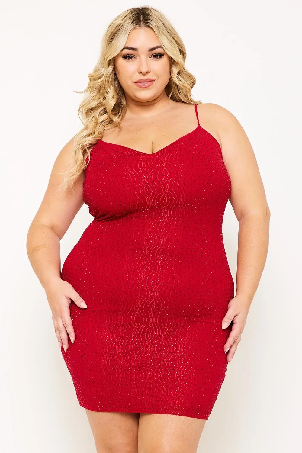 Plus Size Mini Dress - Rhinestone V Neck Bodycon Slip-On BOUTINIE