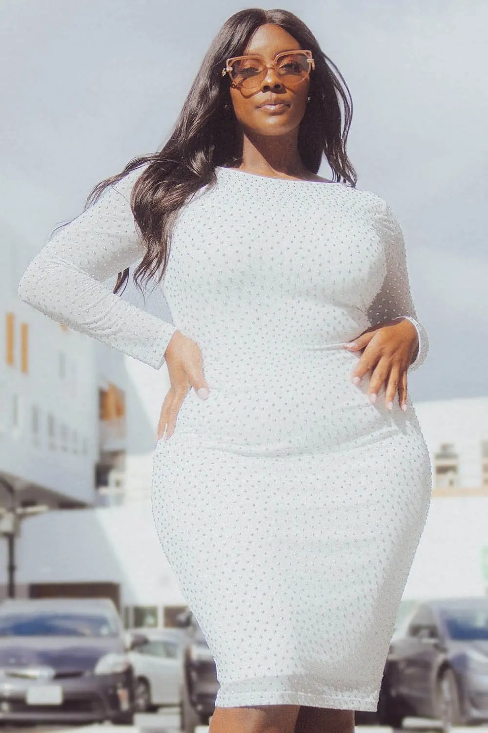 Plus Midi Dress - Translucent Sheer Sleeve V-Back BOUTINIE