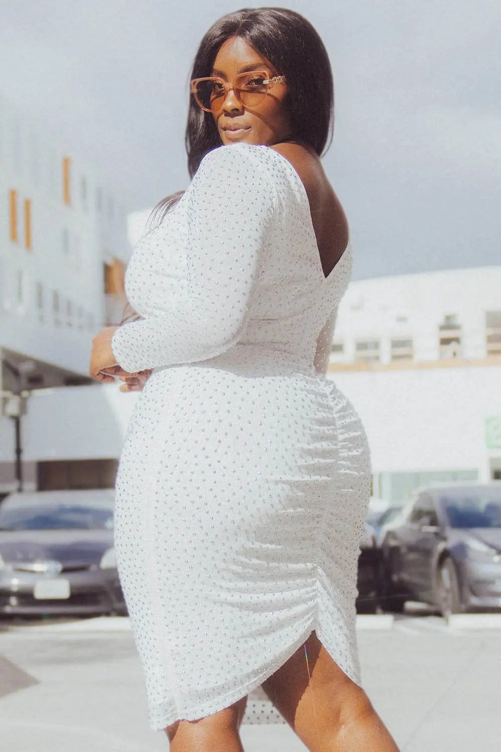 Plus Midi Dress - Translucent Sheer Sleeve V-Back BOUTINIE