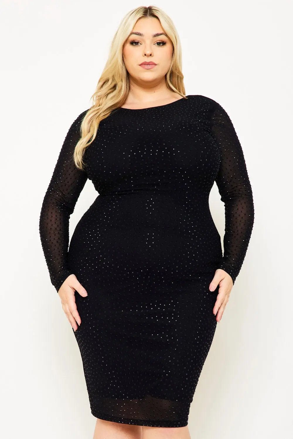 Plus Midi Dress - Translucent Sheer Sleeve V-Back BOUTINIE