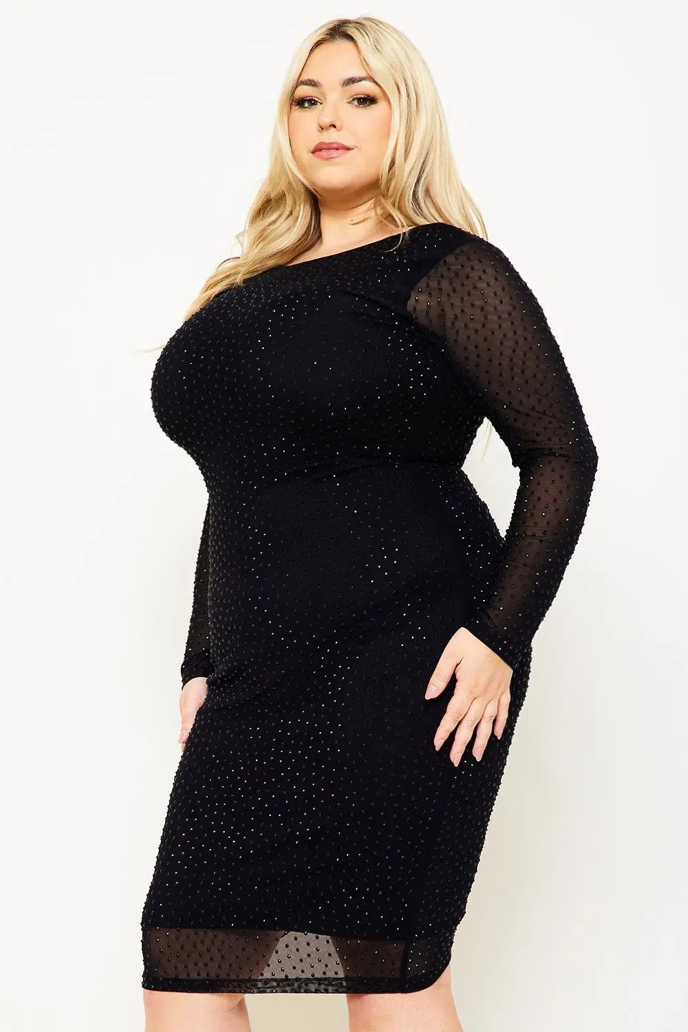 Plus Midi Dress - Translucent Sheer Sleeve V-Back BOUTINIE