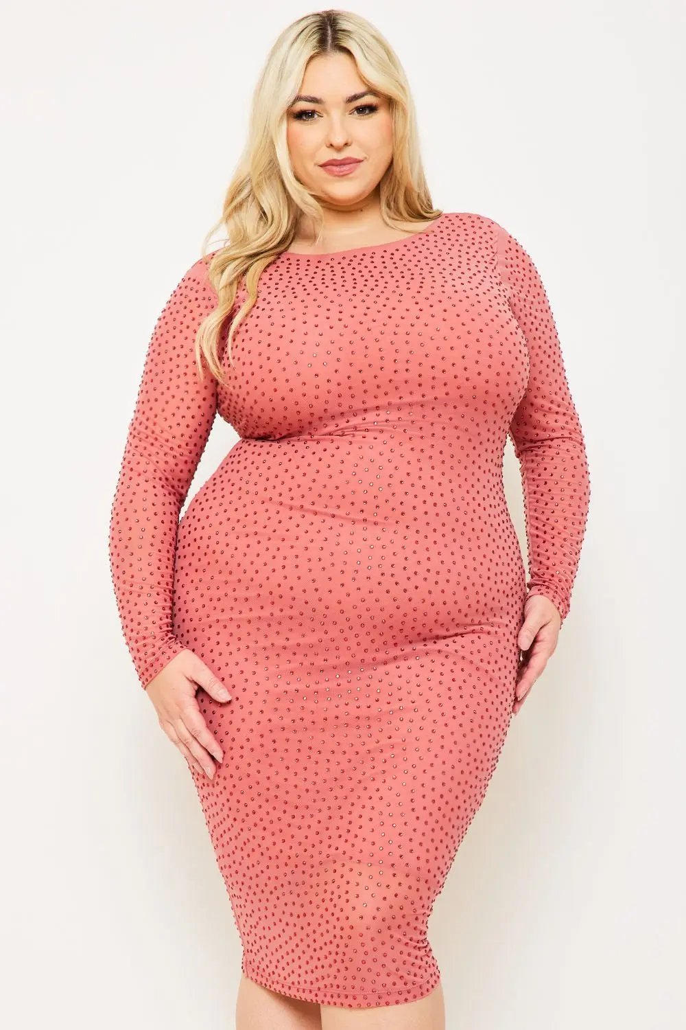 Plus Midi Dress - Translucent Sheer Sleeve V-Back BOUTINIE