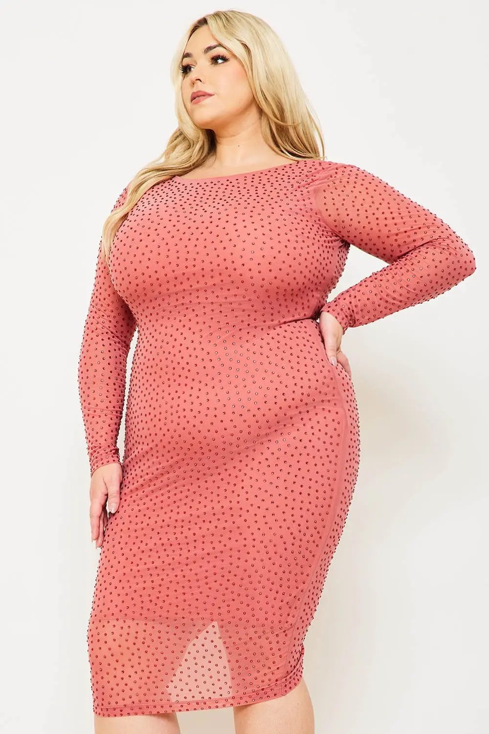 Plus Midi Dress - Translucent Sheer Sleeve V-Back BOUTINIE