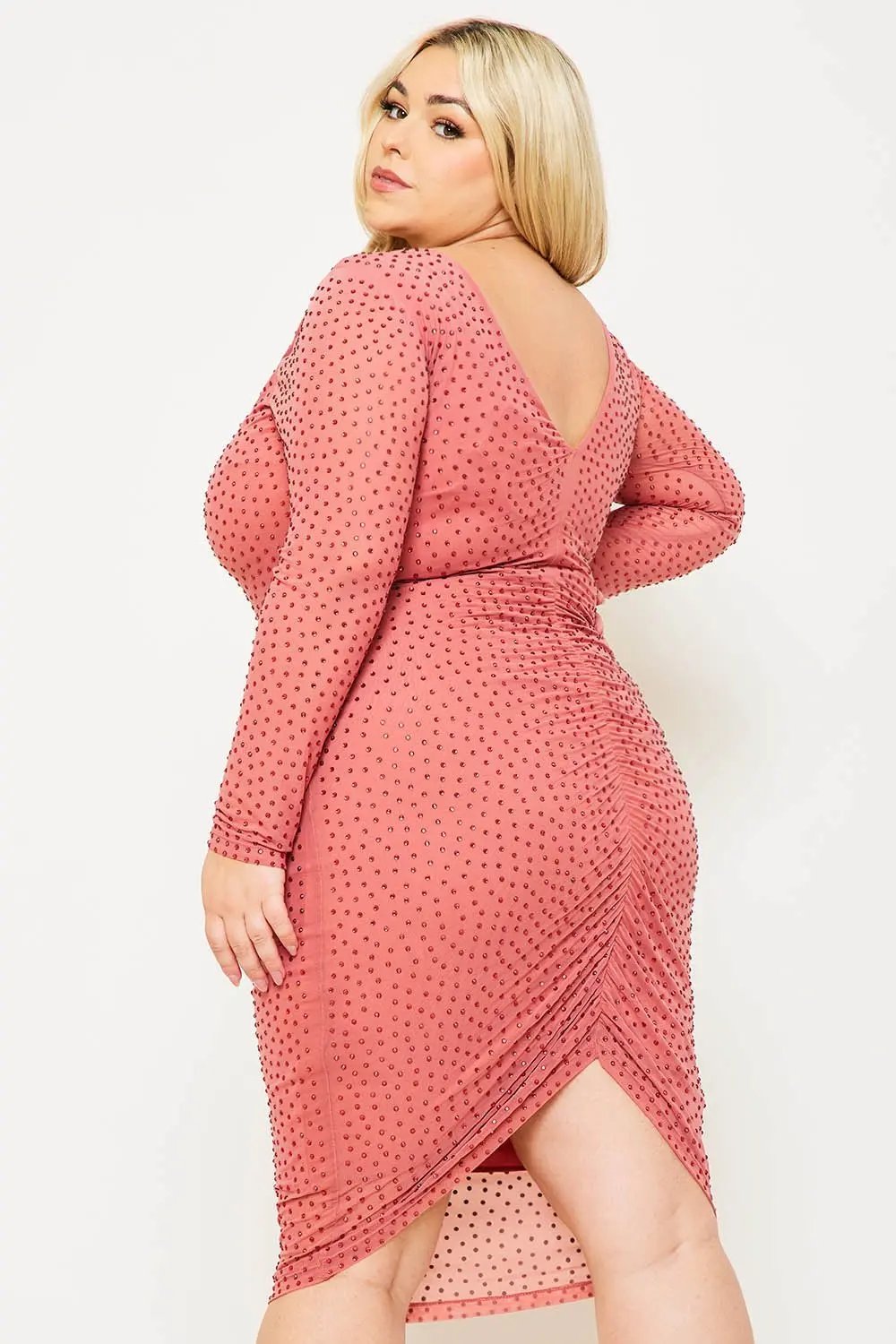 Plus Midi Dress - Translucent Sheer Sleeve V-Back BOUTINIE