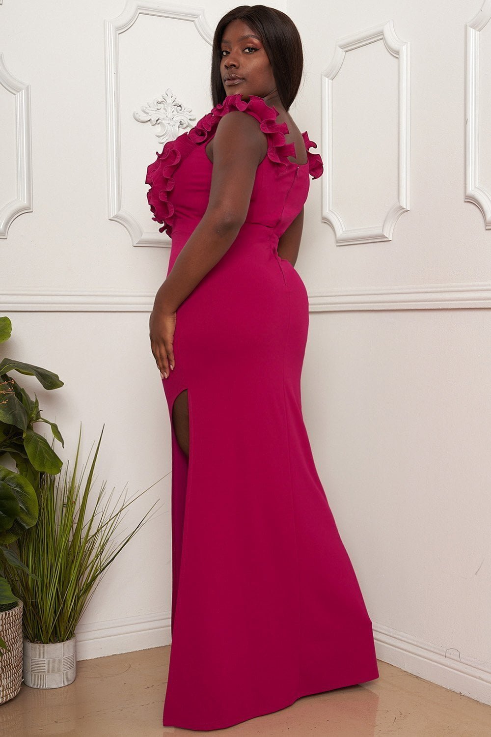 Plus Size Maxi Dress - Off Shoulder Ruffle Bust High Slit BOUTINIE