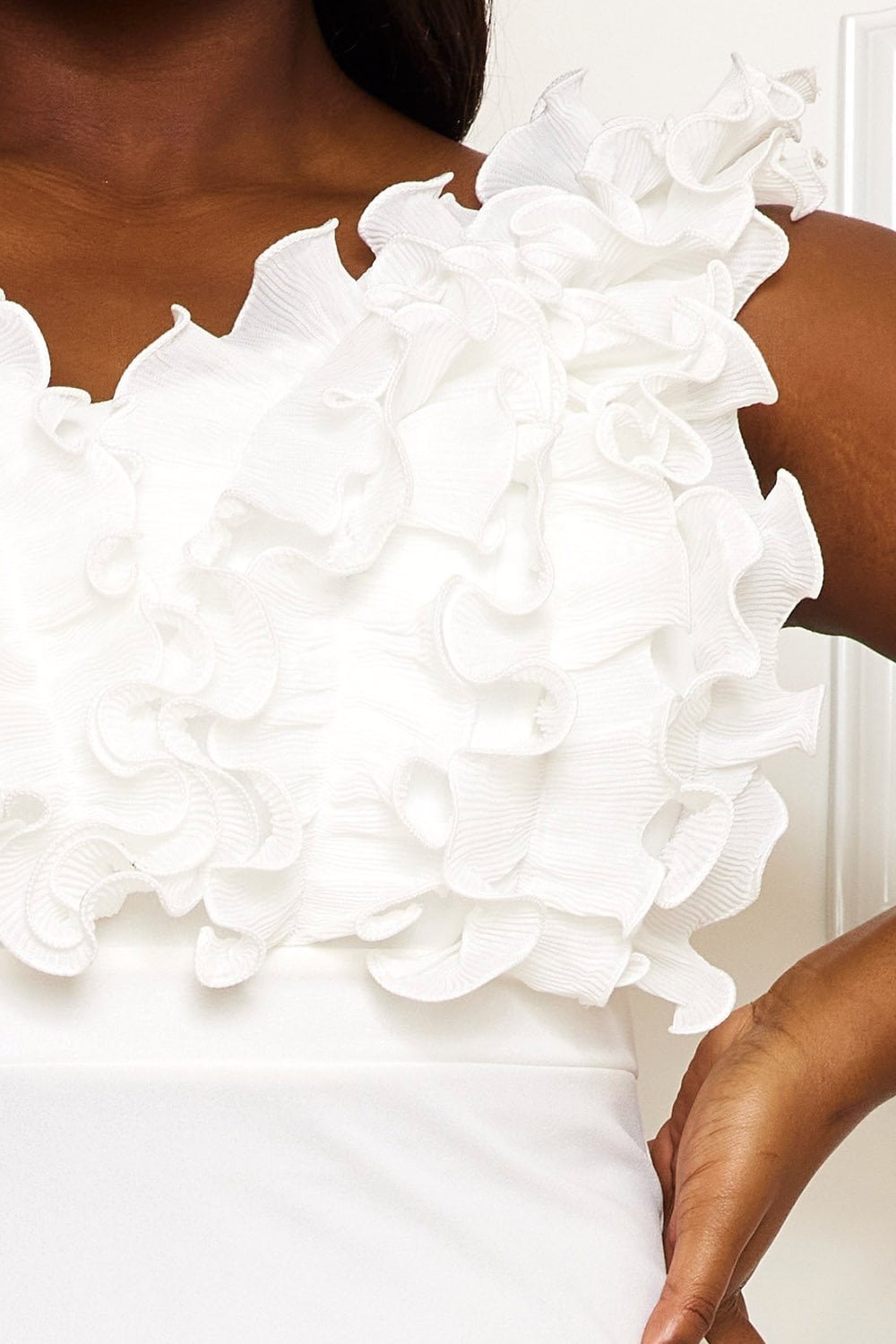 Plus Size Maxi Dress - Off Shoulder Ruffle Bust High Slit BOUTINIE