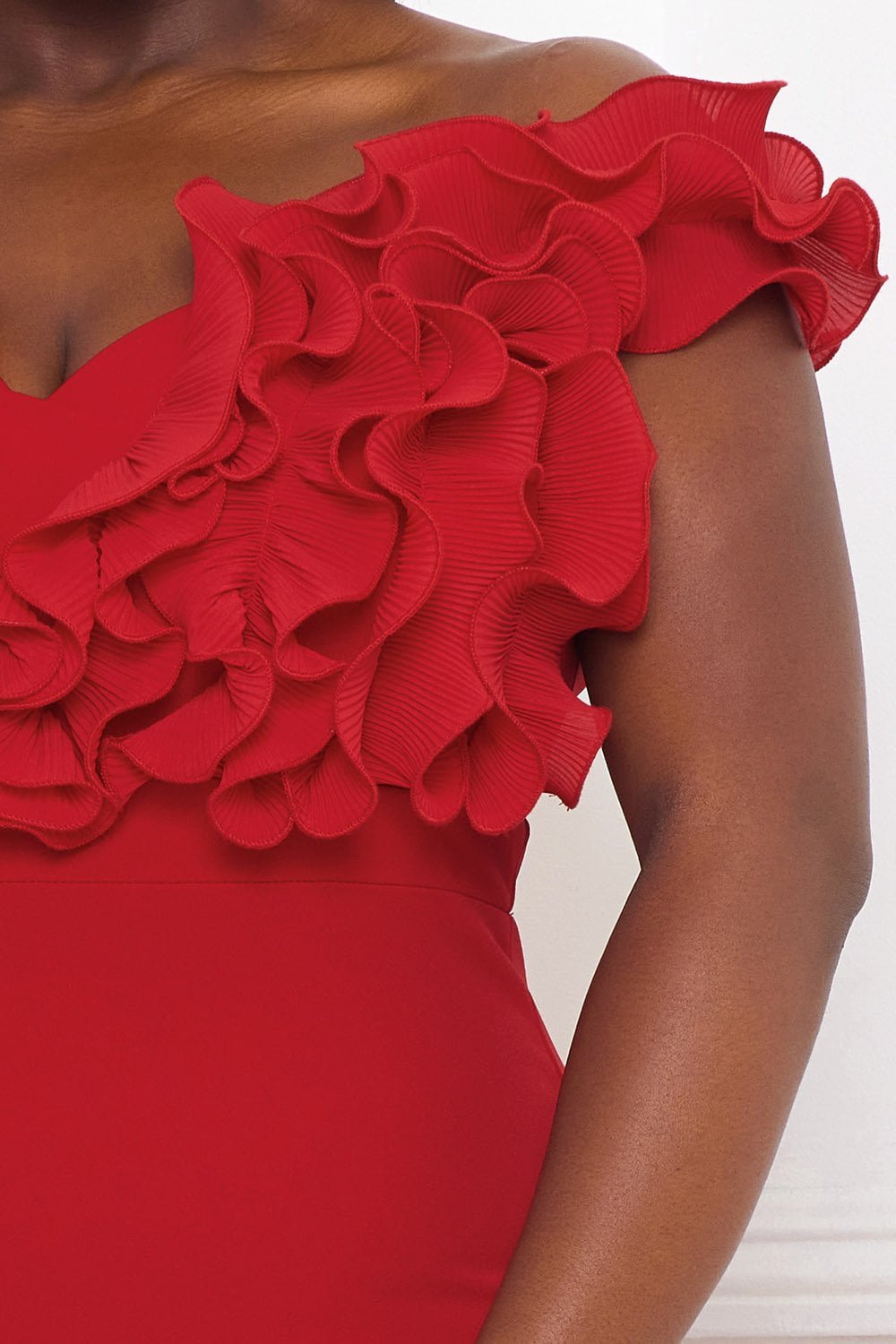 Plus Size Maxi Dress - Off Shoulder Ruffle Bust High Slit BOUTINIE