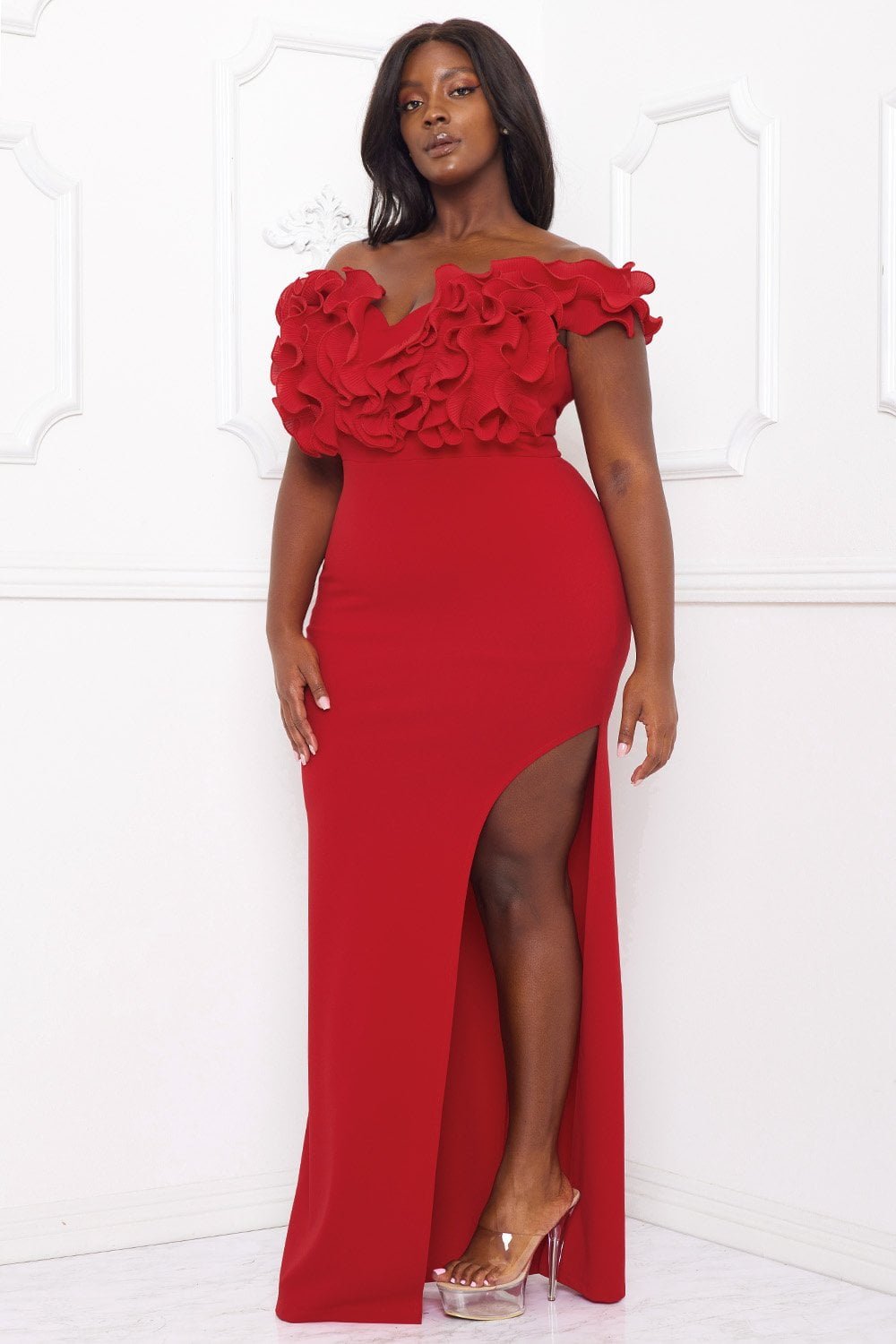Plus Size Maxi Dress - Off Shoulder Ruffle Bust High Slit BOUTINIE