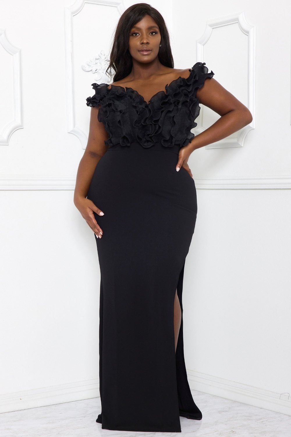 Plus Size Maxi Dress - Off Shoulder Ruffle Bust High Slit BOUTINIE
