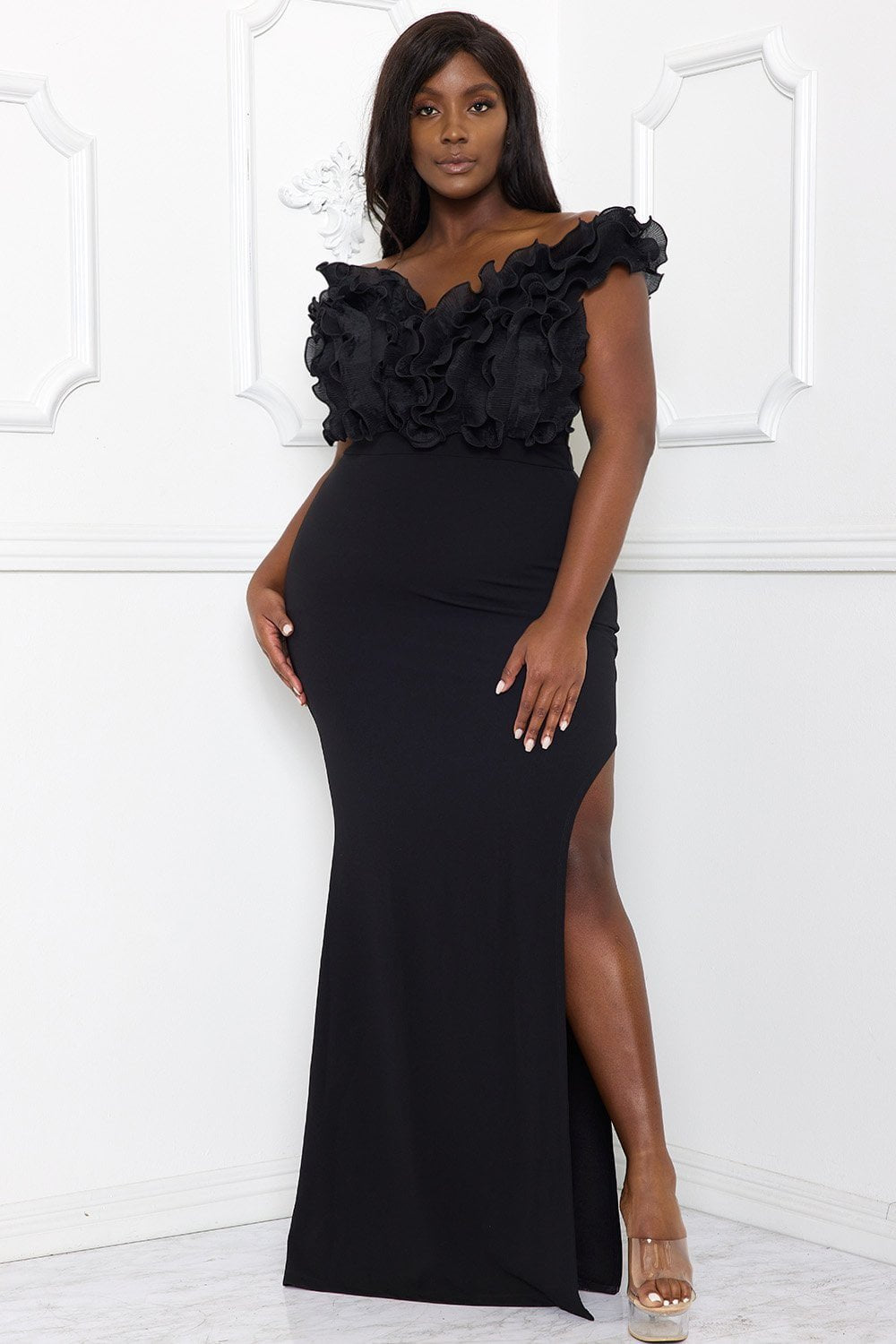 Plus Size Maxi Dress - Off Shoulder Ruffle Bust High Slit BOUTINIE