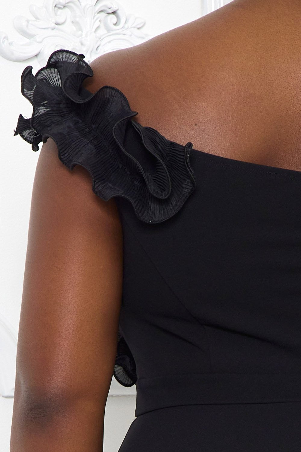 Plus Size Maxi Dress - Off Shoulder Ruffle Bust High Slit BOUTINIE