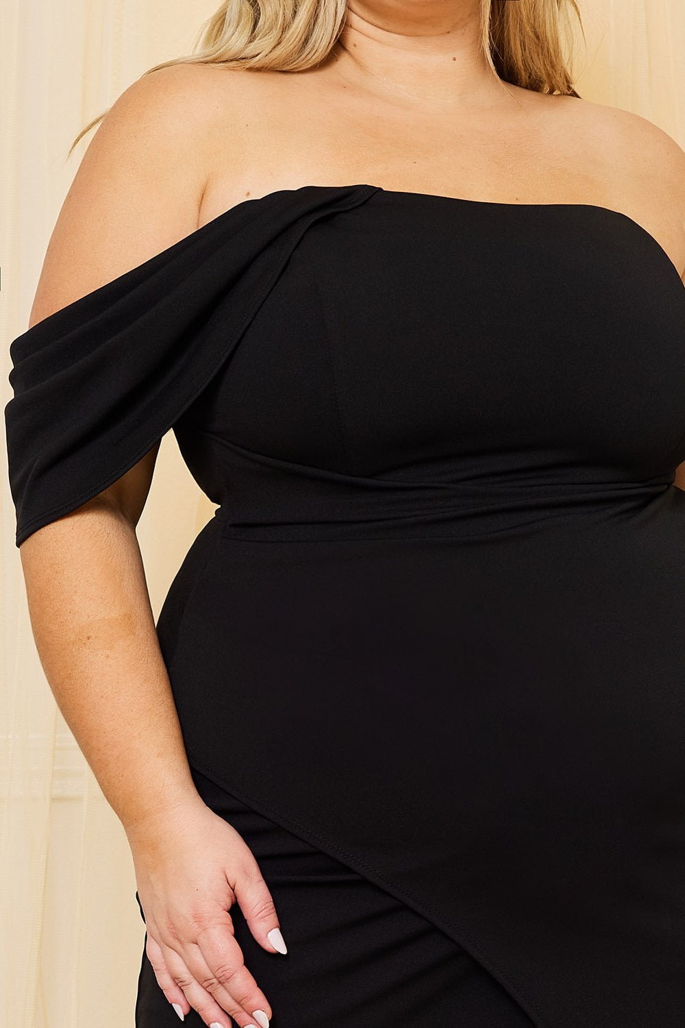 Off Shoulder Midi Dress - Draped Sleeve Wrap Hem Zipper Back BOUTINIE