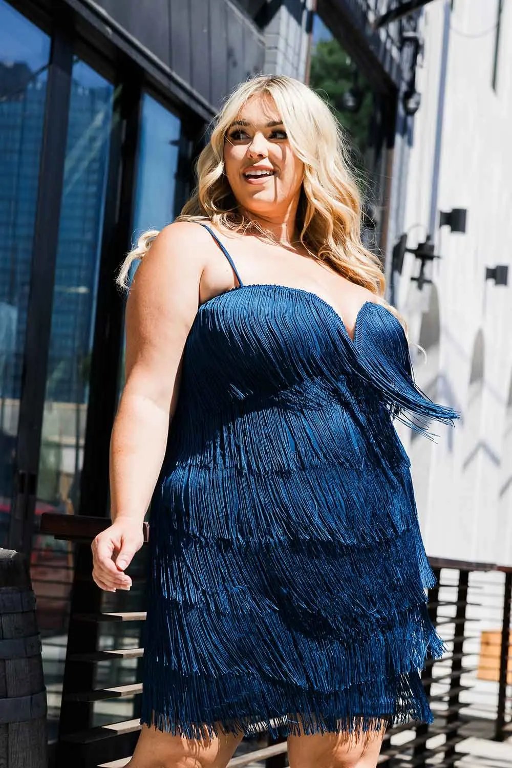 Plus Size Mini Dress - Layered Fringe Party Frock With Adjustable Straps BOUTINIE