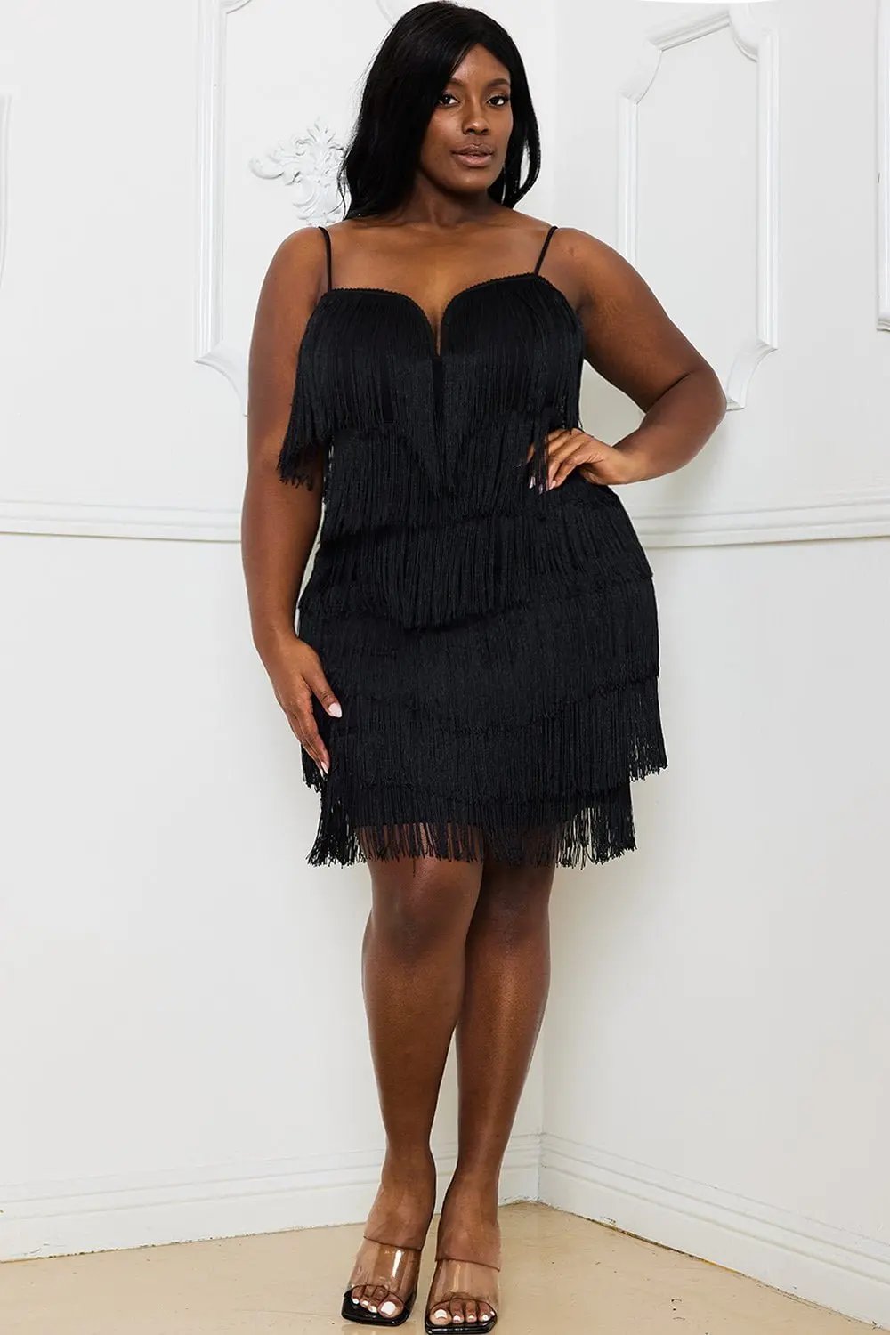 Plus Size Mini Dress - Layered Fringe Party Frock With Adjustable Straps BOUTINIE