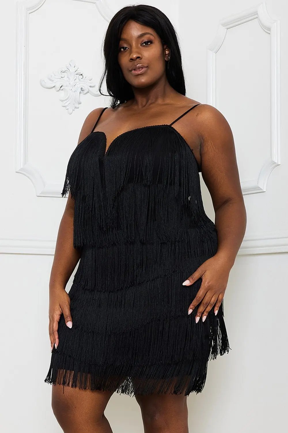 Plus Size Mini Dress - Layered Fringe Party Frock With Adjustable Straps BOUTINIE