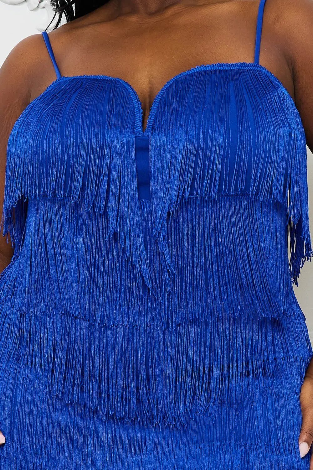 Plus Size Mini Dress - Layered Fringe Party Frock With Adjustable Straps BOUTINIE