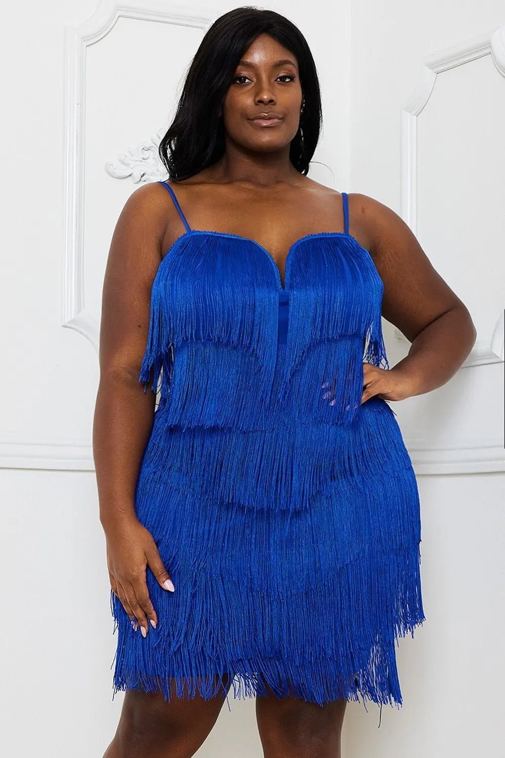 Plus Size Mini Dress - Layered Fringe Party Frock With Adjustable Straps BOUTINIE